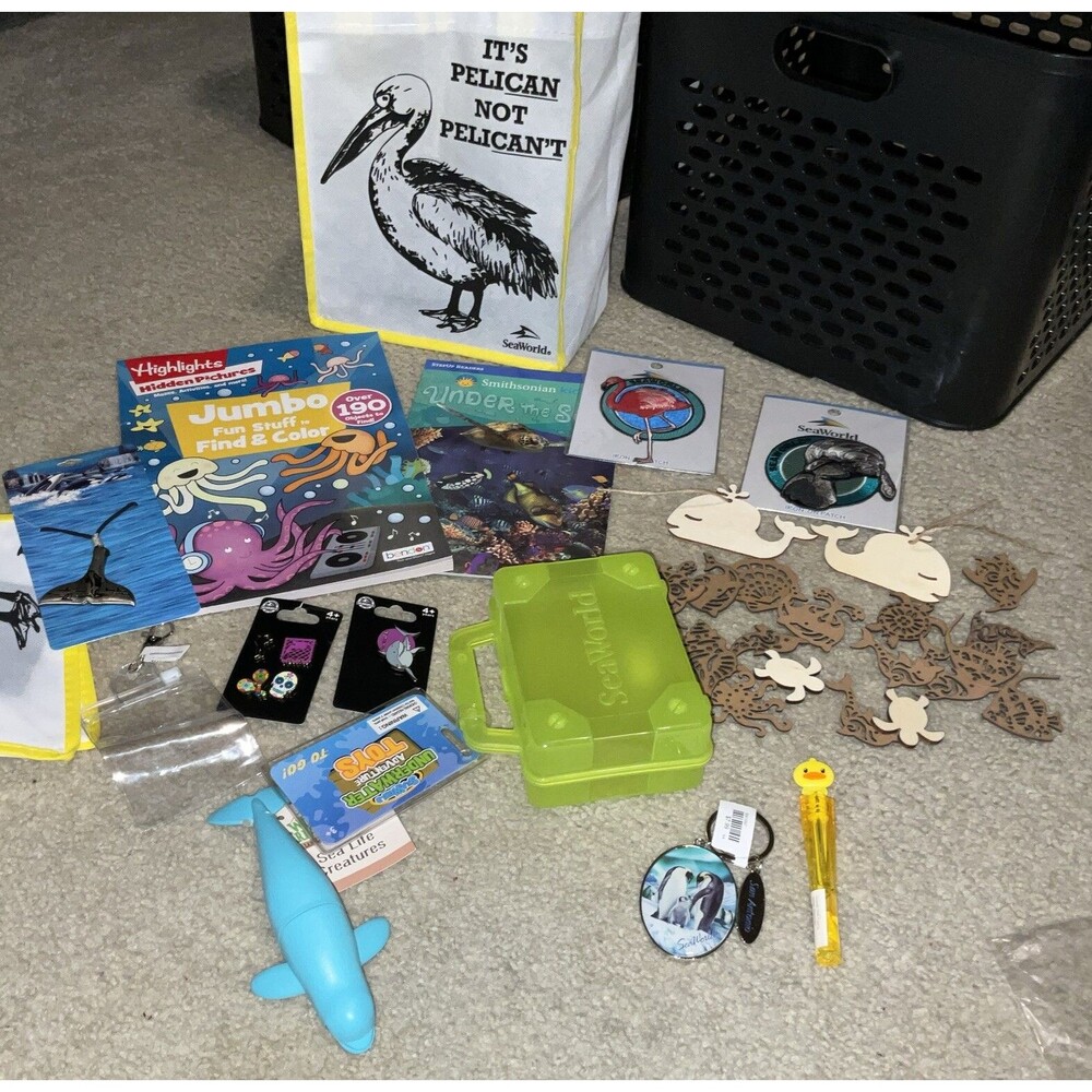SEAWORLD REUSABLE BAG, GIRLS BUNDLE NECKLACE,SHIRT PINS,KEYCHAIN,PATCH,BOOK, ETC